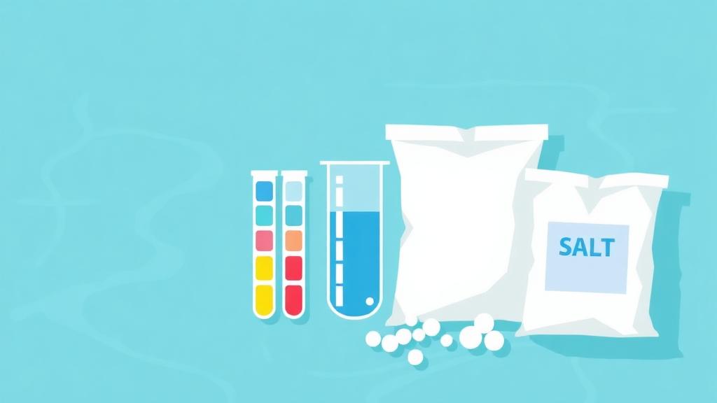 Illustration of pool test strips, a test vial, chlorine tablets and a bag of pool salt