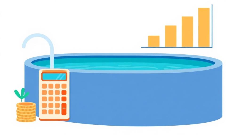 Illustration of a pool beside a calculator, coins and a rising cost chart