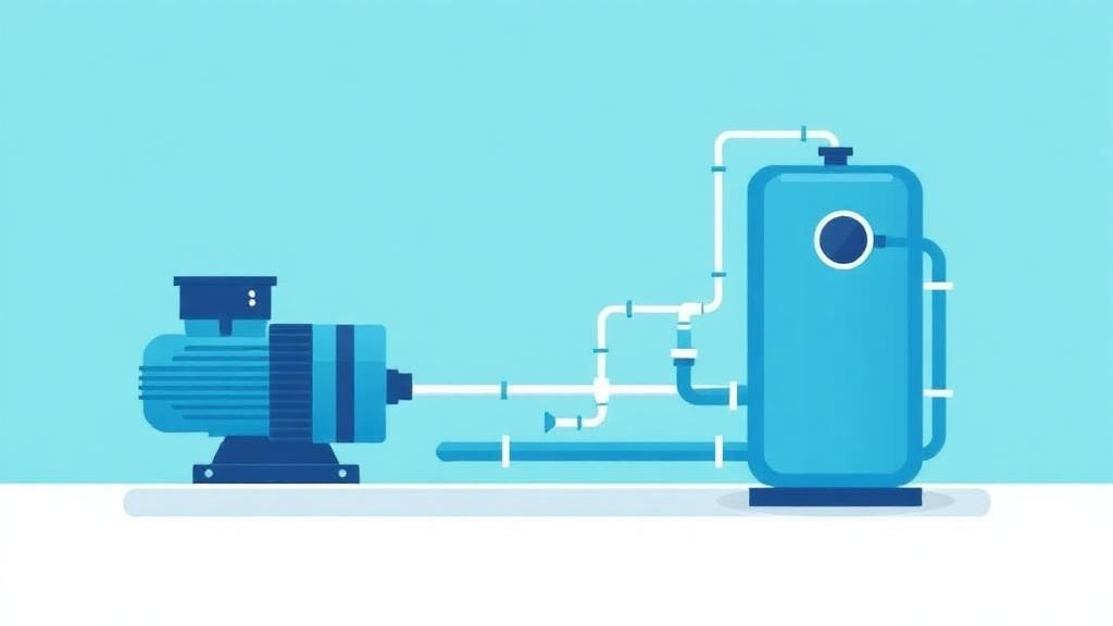 Illustration of a pool pump and sand filter connected with plumbing