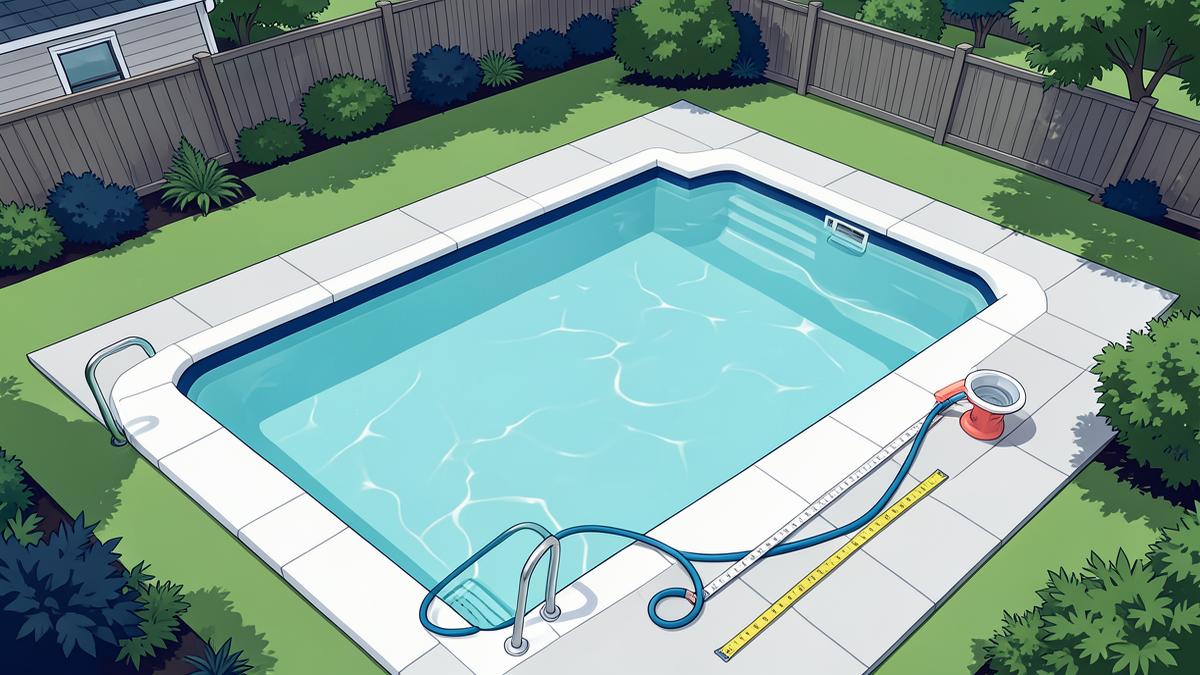 Typical medium-size backyard swimming pool with shallow and deep ends, hose and measuring tape for estimating average volume