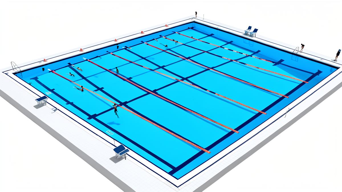 Full-size Olympic competition swimming pool with eight lanes, starting blocks and swimmers shown for scale