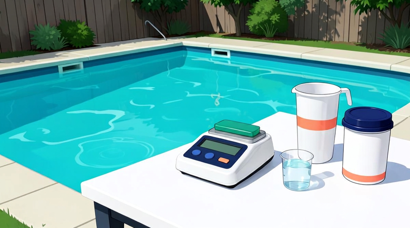 Pool water testing and chemical dosing setup with test kit, digital scale, measuring cup and treatment containers