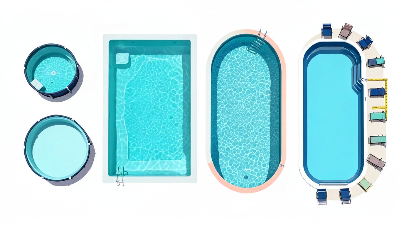 Top-down comparison of round, rectangular, oval and lap pools in different residential sizes