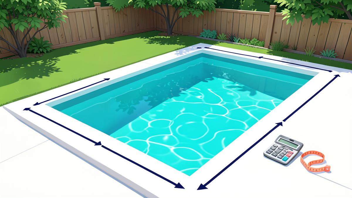 Rectangular swimming pool marked with length, width, shallow depth and deep depth measurements for calculating water volume