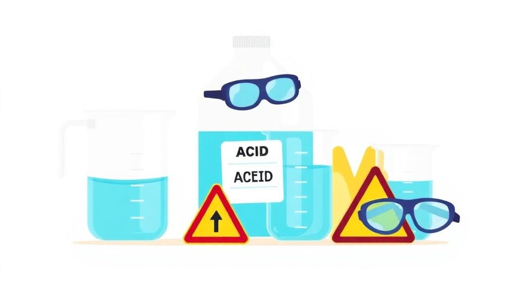 Muriatic acid calculator illustration of an acid jug with safety goggles and a measuring jug for pool dosing