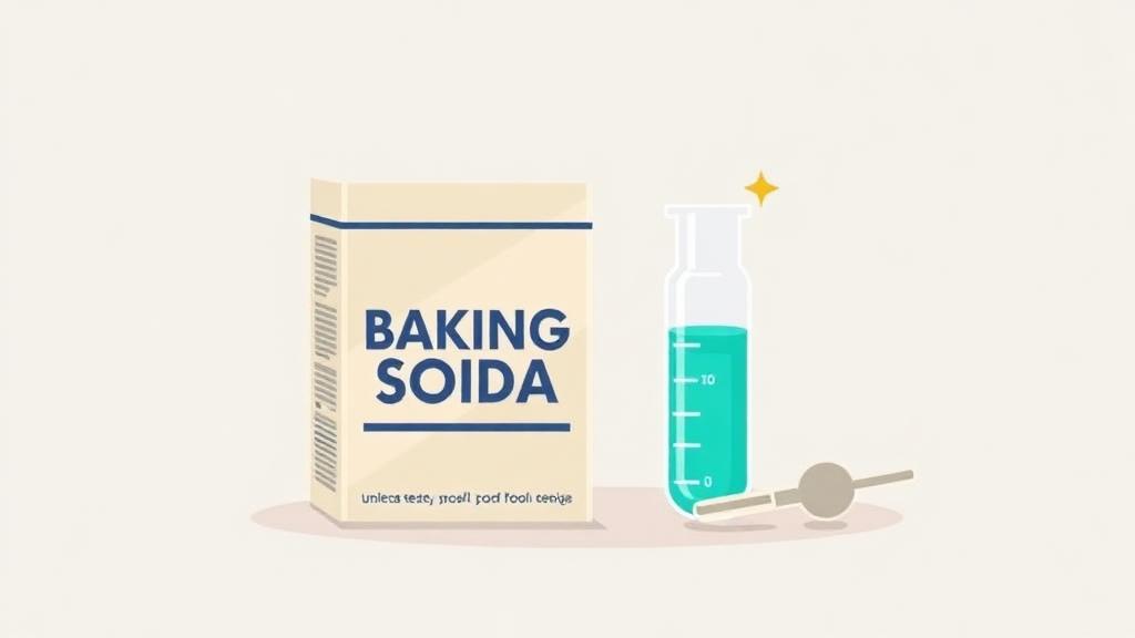 Pool alkalinity calculator illustration of baking soda beside a pool water test vial