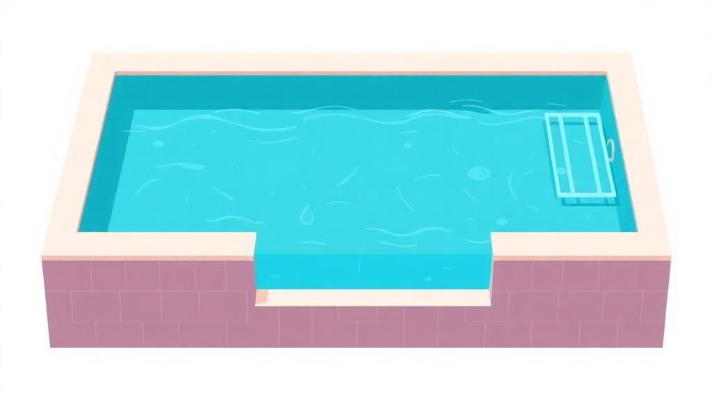 Pool capacity calculator cutaway of a pool with a shallow end and deep end water line