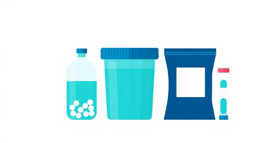 Pool chemical calculator illustration of liquid, tablet and powder pool chemicals with a water test kit