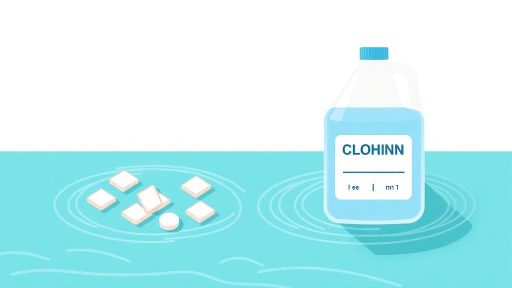 Pool chlorine calculator illustration of chlorine tablets and a liquid chlorine jug at the pool edge