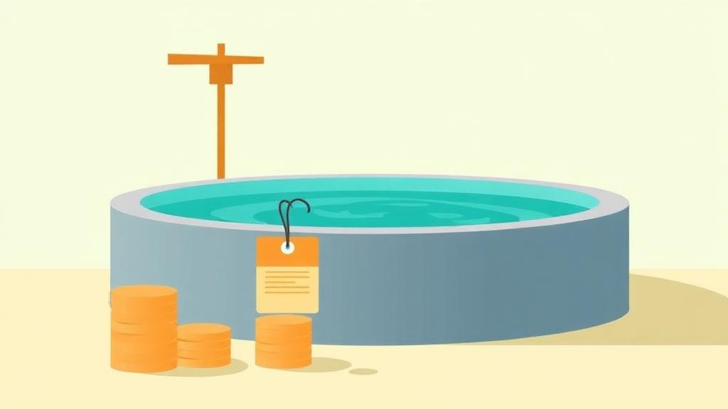 Pool cost calculator illustration of a swimming pool with a price tag and stacks of coins