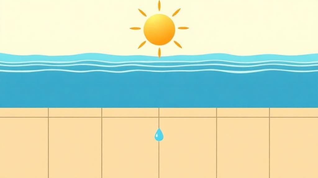 Pool evaporation calculator illustration of pool water evaporating in the sun with a dropping water level