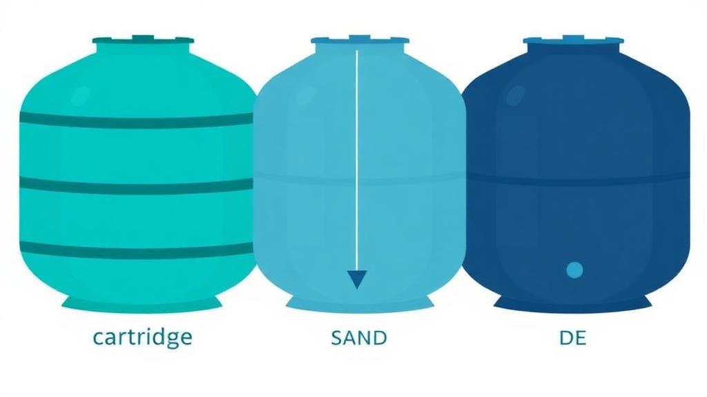 Pool filter size calculator illustration comparing cartridge, sand and DE pool filter tank sizes