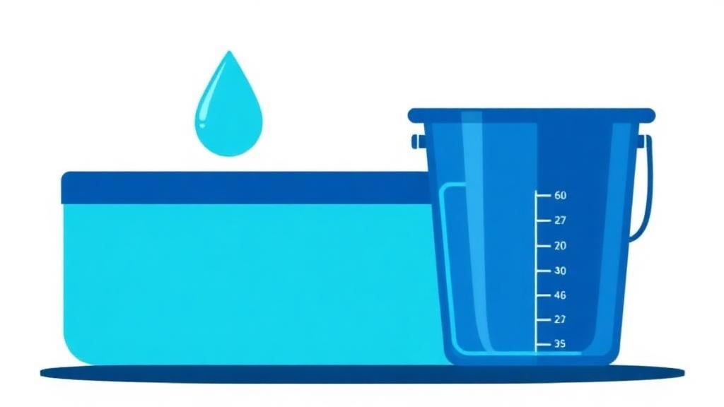 Pool gallons calculator illustration of a pool and a measuring bucket marked in gallons