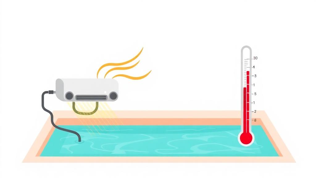 Pool heater size calculator illustration of a pool heater warming pool water with a thermometer