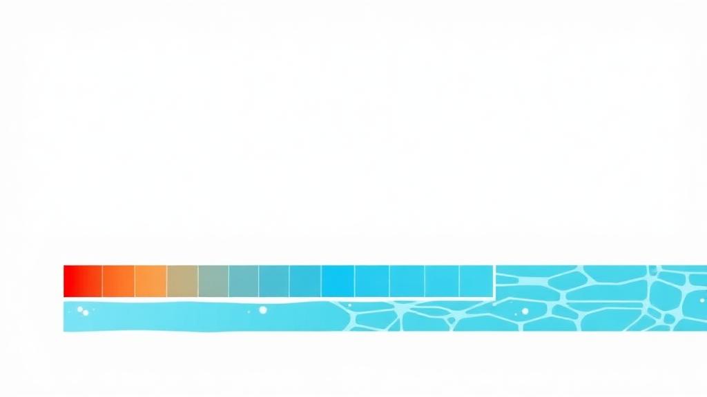 Pool pH calculator illustration of a pH color scale above pool water showing the ideal pH range