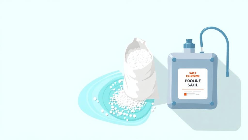 Pool salt calculator illustration of a bag of pool salt pouring into saltwater pool water beside a chlorine generator