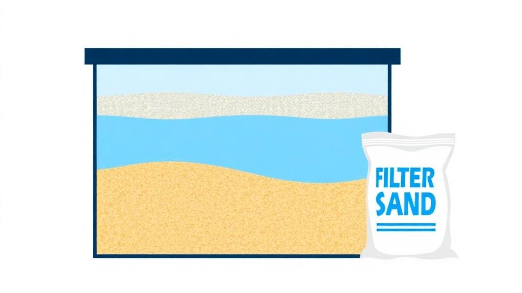 Pool sand calculator illustration of a sand filter tank cutaway beside a bag of pool filter sand
