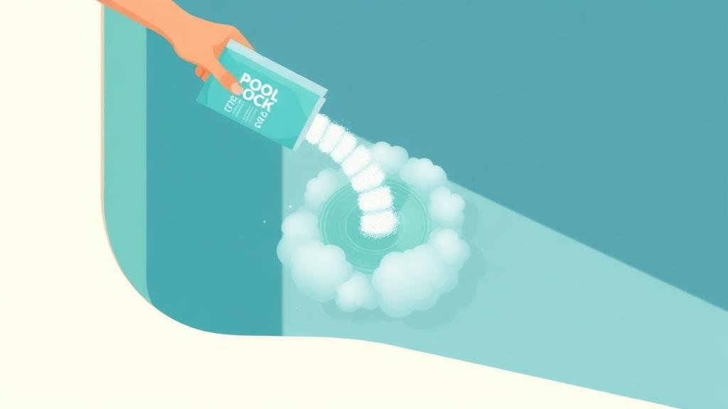 Pool shock calculator illustration of shock powder being poured into cloudy pool water