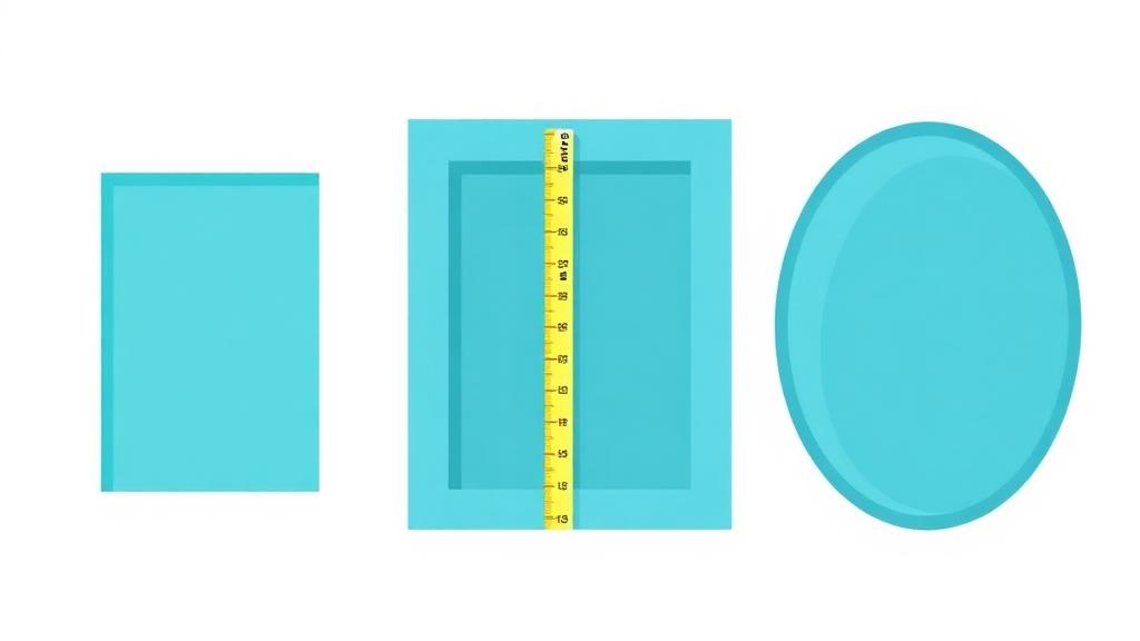 Pool size calculator illustration comparing rectangle, oval and kidney pool shapes with a tape measure