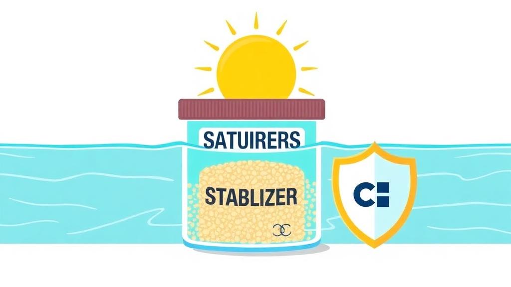 Pool stabilizer calculator illustration of cyanuric acid granules shielding chlorine from the sun