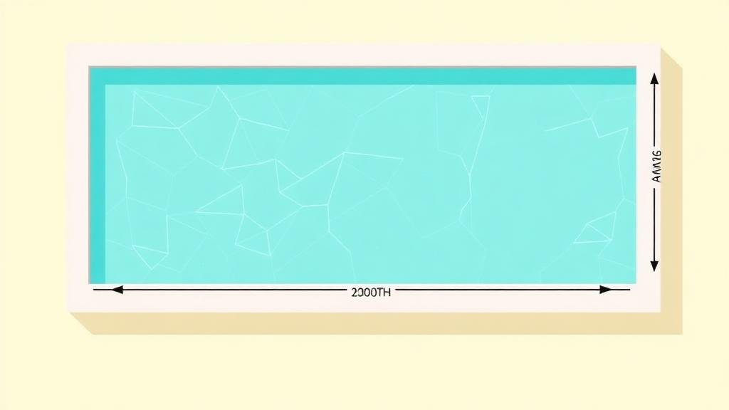 Pool volume calculator diagram showing pool length, width and average depth measurements
